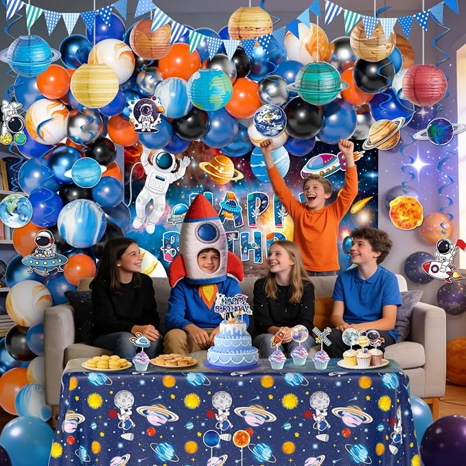 Outer Space Birthday Party Decorations, Space Themed Party Decorations, Space Party Decorations Includes Banner Backdrop Tablecloth Cake Topper Balloon Garland Kit for Space Astronaut Birthday Decor
