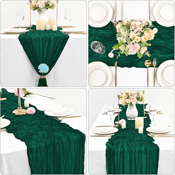 10 Pcs Dark Green Cheesecloth Table Runner 10FT, Gauze Table Runner for Wedding Reception Sheer Bridal Shower Birthday Party Boho Table Decoration, Rustic Romantic Wedding Runner
