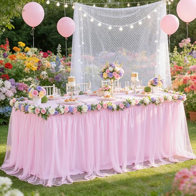 Pink Tulle Tablecloth for 8 Foot Rectangle Table, Light Pink Tulle Tables Skirt Cover 8ft Banquet Wedding Table Cloths Baby Shower Tutu Ruffle Tables Skirt Cloth for Party Bridal Shower