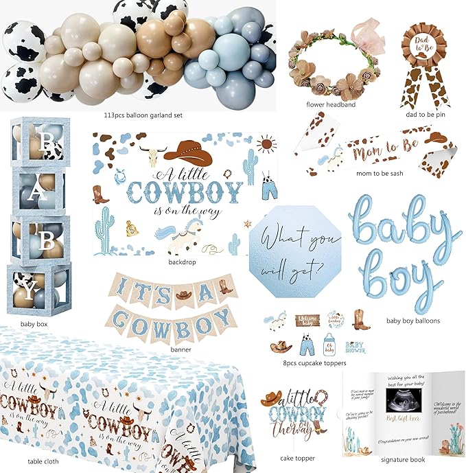 YJDFWAUT Cowboy Baby Shower Decorations Party Supplies for Boy, A Little Cowboy is on the Way Decorations, Western Baby Shower Decor, Cowboy Rodeo Baby Shower