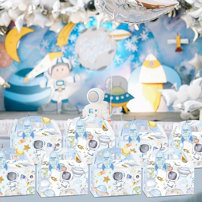 HAPPARTY 24PCS Blue Space Astronaut Party Favor Gift Boxes for Boy With Thank You Tags, First Trip Around the Sun Candy Treat Goodie Bags Boxes for Boy Birthday Baby Shower Decorations
