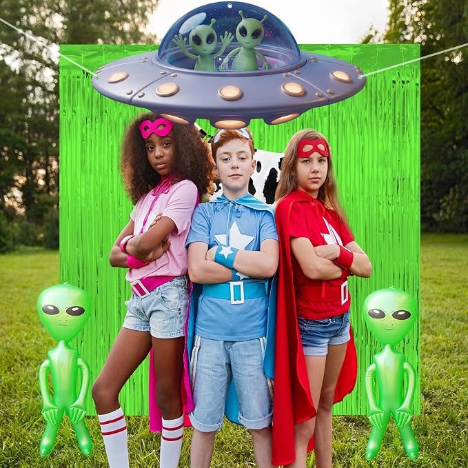 Alien Party Supplies Outer Space Theme Birthday Decor with Tinsel Foil Fringe Curtain Cow Balloon Spaceship Hanging Banner Backdrop for Birthday Baby Shower Wall Door Decor
