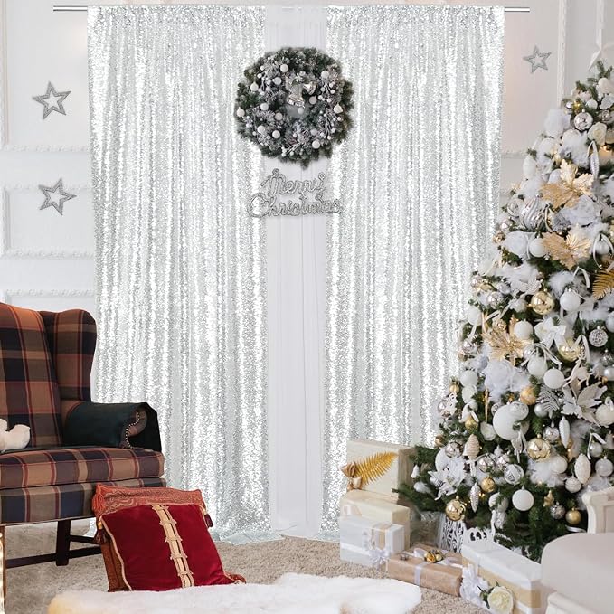 PartyDelight Silver Sequin Backdrop Curtains 2x8ft 4 Panels | 3mm stitched sequin curtain with 4 inch rod pocket for 2x8ft 4 panel fuller wall coverage pleated backdrop and 8ft stand