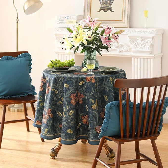 patdrea Vintage French Linen Tablecloth,Round,Diameter 55"-Herbert C | Elegant Table Cloth for Round Table,Navy Blue Floral Patterned,Dining Room Tea Party Thanksgiving Coffe Table
