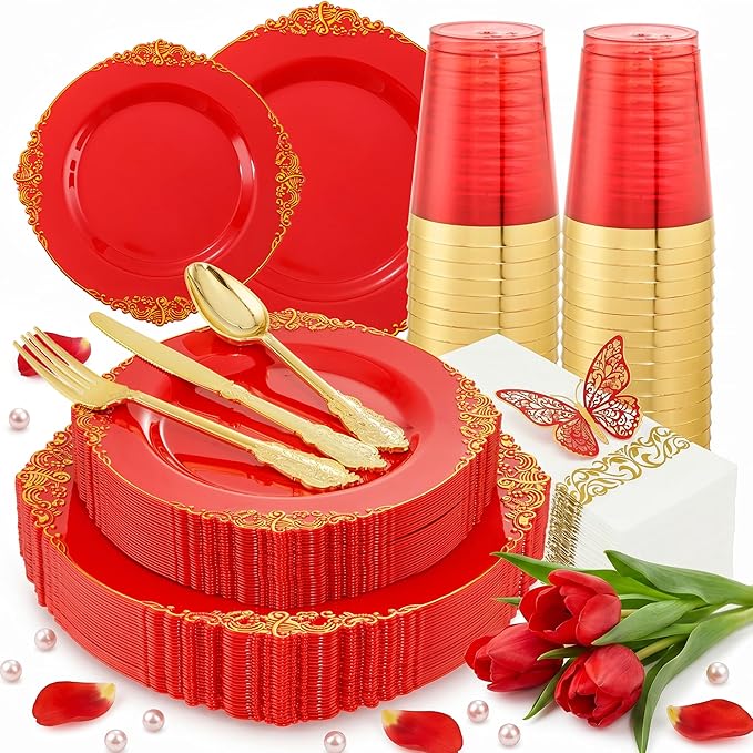Morejoy 175PCS Red Plastic Plates,Red Disposable Plates With Gold Rim,Red and Gold Plastic Dinnerware Set Includes: 50 Plates,25 Silverware Sets,25 Cups,25 Napkins,Perfect for Party,Mother's Day