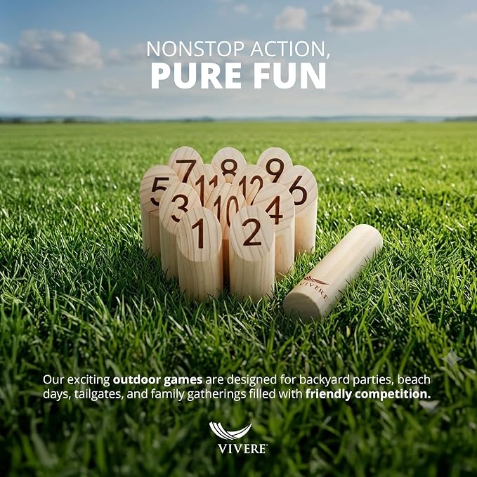 Vivere Viking Throw Tournament Edition, Outdoor Bowling Game Set for Kids & Adults with 12 Pins, Baton & Carry Bag for Backyard, Beach & Lawn Play