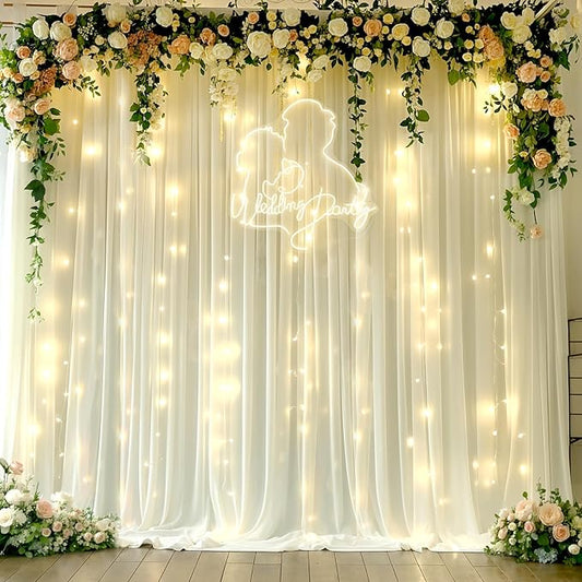 10x10ft Ivory White Chiffon Backdrop Curtain with Lights String for Wedding Sheer Tulle Curtain Photo Backdrops Drapes for Baby Shower Birthday Party Home Ceremony Decorations