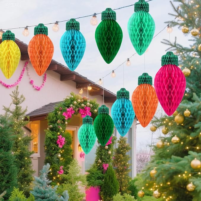 12 Pcs 12" Vibrant Jumbo Christmas Lights Honeycomb Hanging Decoration Large 3D Light Bulb Land Xmas Assorted Colors Light for Christmas Tree Mantal Ceiling Classroom Ornament