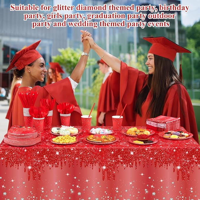452 Pcs Red Birthday Party Decoration for 50 Guest, Red Diamond Glitter Paper Plates Napkins Cups Tablecloth Cutlery Straws Tableware for Birthday Wedding Baby Shower Graduation Party Supply