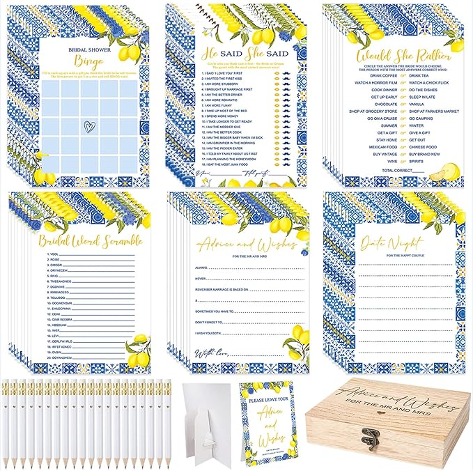 Silipull Bridal Shower Games Set for 50 Guests Includes Bingo, He Said She Said, Scramble, Would She Rather, Advice and Wishes Wedding Games Double Sided with Wooden Box, 20 Pencils (Lemon)