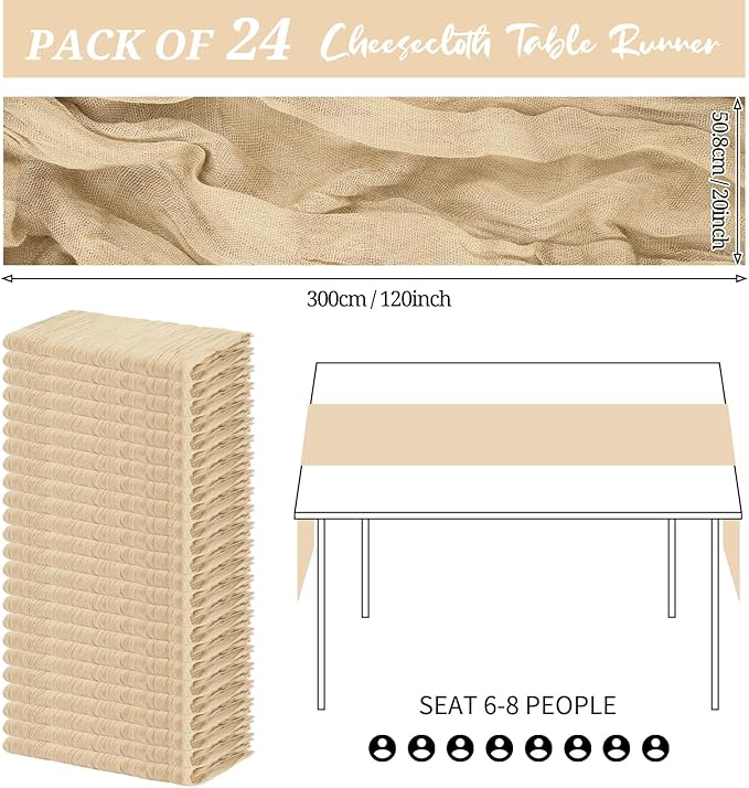 24 Pack Cheesecloth Table Runner 20 x 120 inch Cheese Cloth Table Runner Bulk,Romantic Boho Sheer Gauze Fabric Table Runners for Wedding Reception,Party,Bridal Shower Table Decor(Beige)