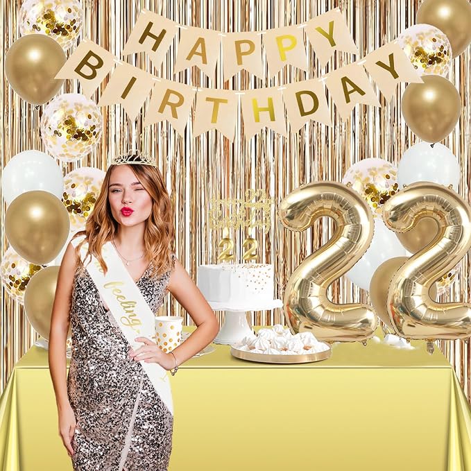 Trgowaul 22nd Birthday Decorations for her, Champagne Gold Happy 22nd Birthday Supplies for Girls, 22 Sash and Crown, Banner, Fringe Curtains, Cake Topper, 22 Year Old Party Supplies Set
