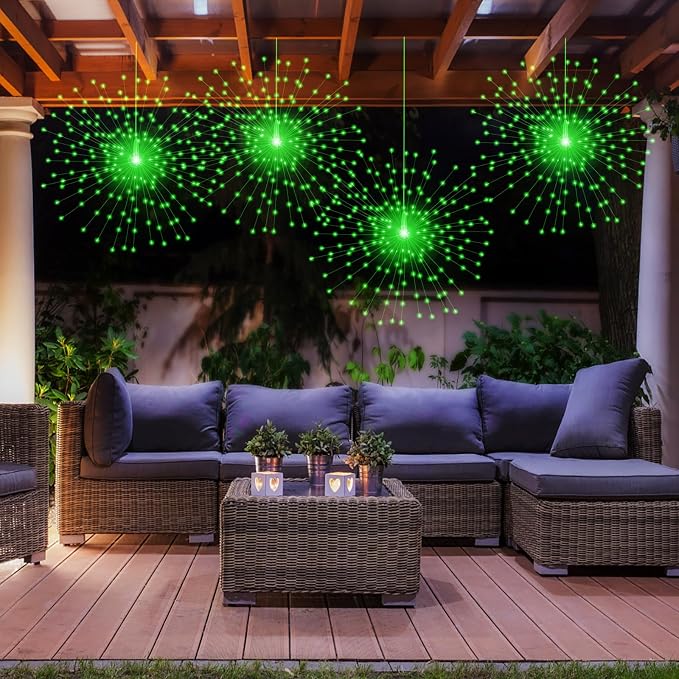 PXBNIUYA 2 Pack Starburst Sphere Lights,200 LLED Firework Lights, 8 Modes Dimmable Remote Control Waterproof Hanging Fairy Light, Copper Wire Light for Patio Parties Christmas (Green)