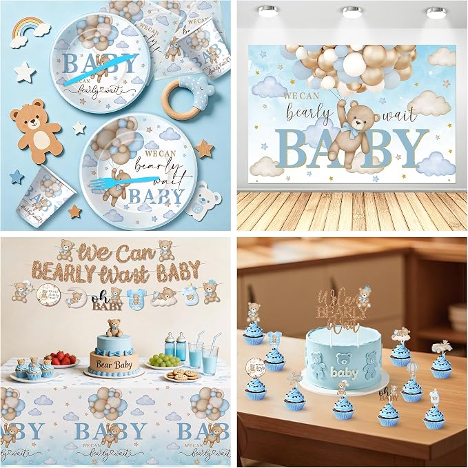 We Can Bearly Wait Baby Shower Decorations for Boy, Blue Bear Baby Shower Decorations Party Supplies, Paper Plate, Napkin, Cup, Banner, Tablecloth, Balloon, Swirls, Backdrop, Topper, Serves 24