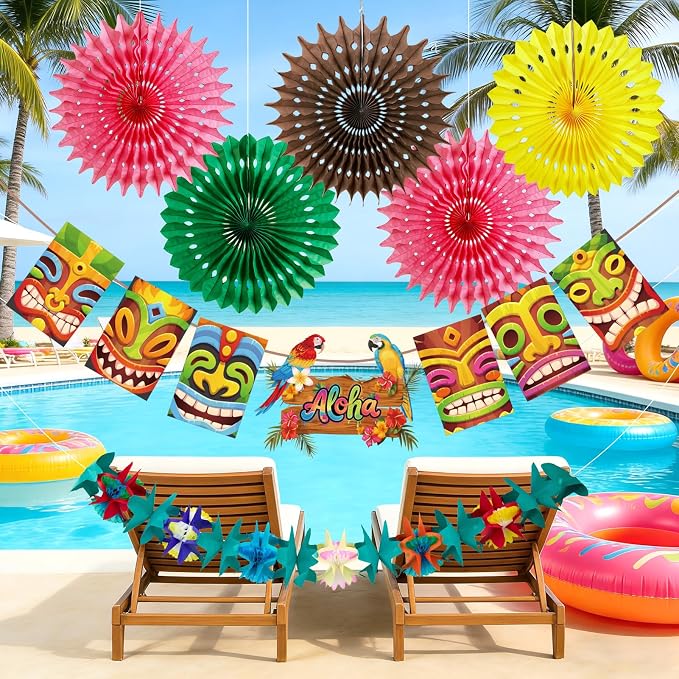 Hawaiian Luau Party Decorations Tropical Beach Aloha Palm Leaves Garland Luau Honeycomb Table Centerpiece Tissue Pom Poms Paper Fans Tiki Totem Hanging Decor Tropical Summer Beach Pool Party Supplies