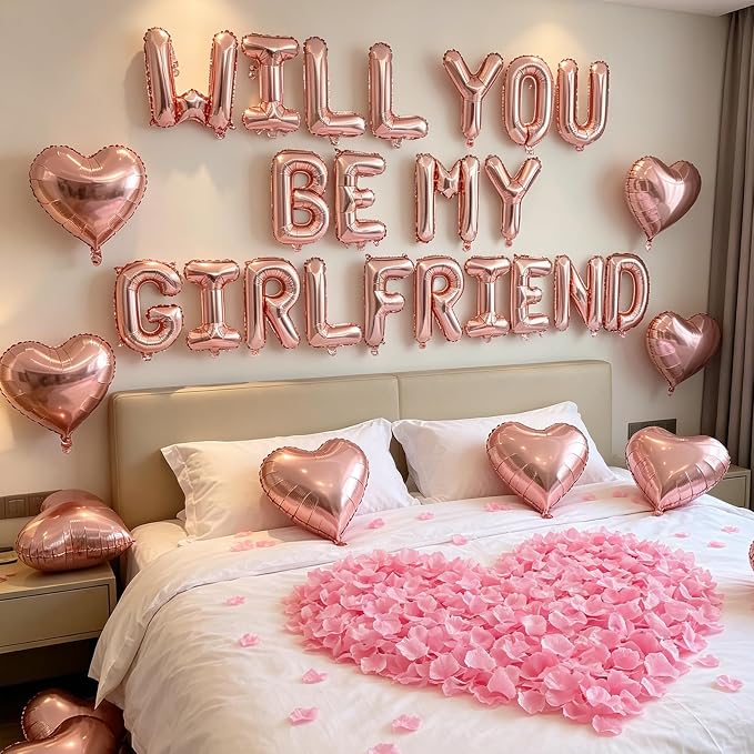 2 Set Rose Gold Will You Be My Girlfriend Balloons - 42pcs 16" Letter Balloons 1200pcs Pink Artificial Rose Petals 10pcs 18" Heart Balloon Alphabet Foil Mylar Balloon for Valentines Day Decorations
