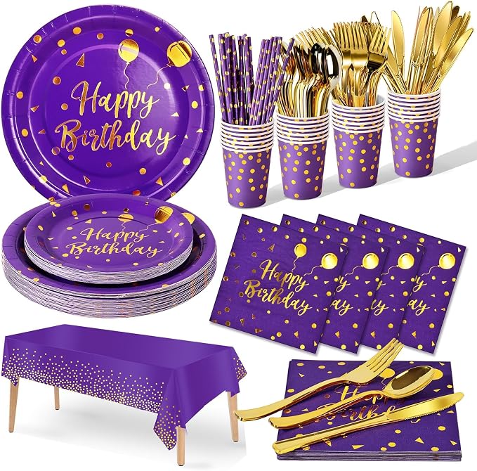 Nkaiso Birthday Party Tableware, 161 Pieces Purple Gold Party Supplies, Dinnerware Sets Include Paper Plates Napkins Cups Silverware, for Shower Engagement Parties Decoration -20 Serves