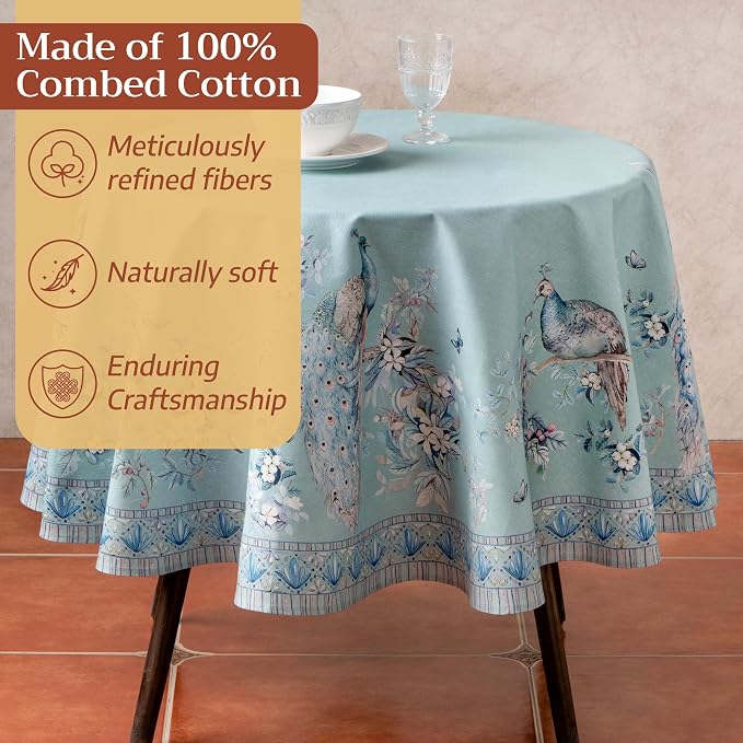 Maison d' Hermine Premium Table Cloth Round Table 100% Combed Cotton 70" Diameter Inches Tablecloth Reusable Decorative for Dining Room Home Party Festive Wedding - Peacock Utopia - Pastel Turquoise