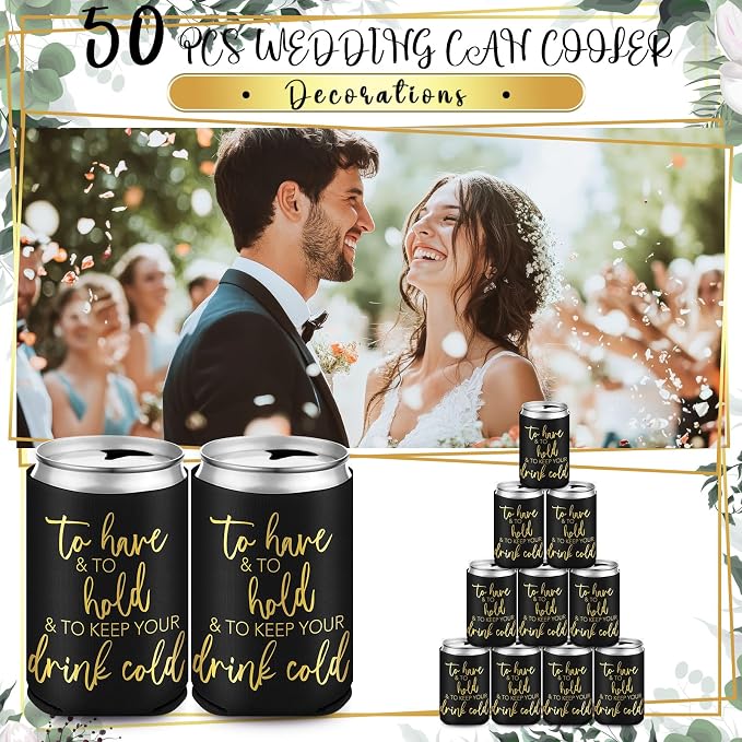 Hoteam 25 Sets Wedding Party Favors for Guests Bulk Including Can Cooler and Paper Folding Fans with Wedding Decor Table Sign Cheers to Love for Bridal Shower Party Souvenir(Classical,Black)