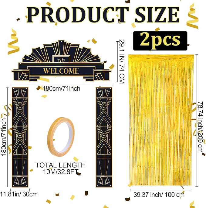 Peryiter 5 Pcs Roaring 20s Party Decorations Welcome Arch, Gold Fringe Curtain and Double Sided Tape for 1920s Theme Party Backdrop Photography Background