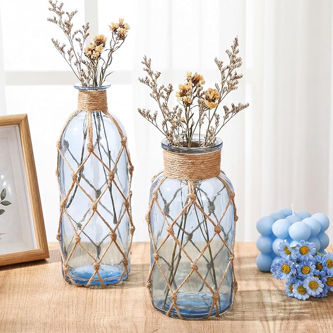 Chuangdi Set of 2 Coastal Glass Vases for Flowers TSITP Flower Vase with Boho Rope Small Sea Glass Jar Nautical Beach Bottle for Wedding Table Centerpieces Floral Arrangement Decor (Light Azure)