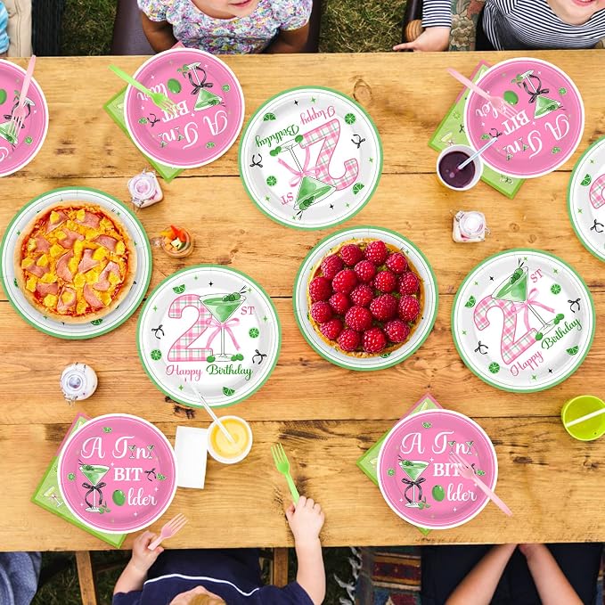 96Pcs Matini 21st Birthday Party Decorations, Serves 24 | A Tini Bit Older Plates and Napkins Pink Green Tableware Set for 21 Years Old Women Girls Birthday Martini Party Supplies