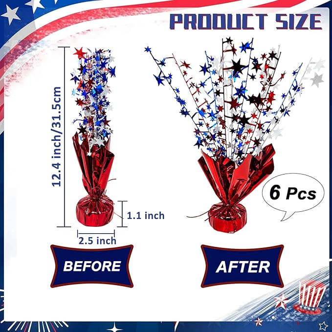 FUBININA 6 Pack 4th of July Table Centerpiece Decoration Metallic Foil Spray Star Burst Patriotic Decor 250th Anniversary Independence Day Labor Veteran Memorial Day Party Supplies, Red White and Blue