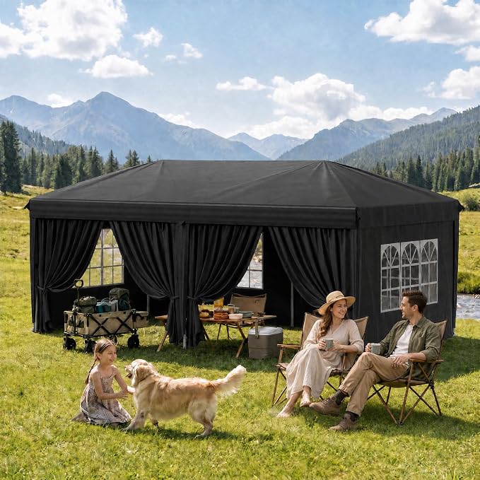 KIGOTY 10x20 FT Portable Pop Up Canopy Tent, Adjustable Height Instant Gazebo with Sidewalls, Sandbags, Waterproof Outdoor Canopy for Camping, Parties, Vendor Events (Black, 3m × 6m with sidewalls)