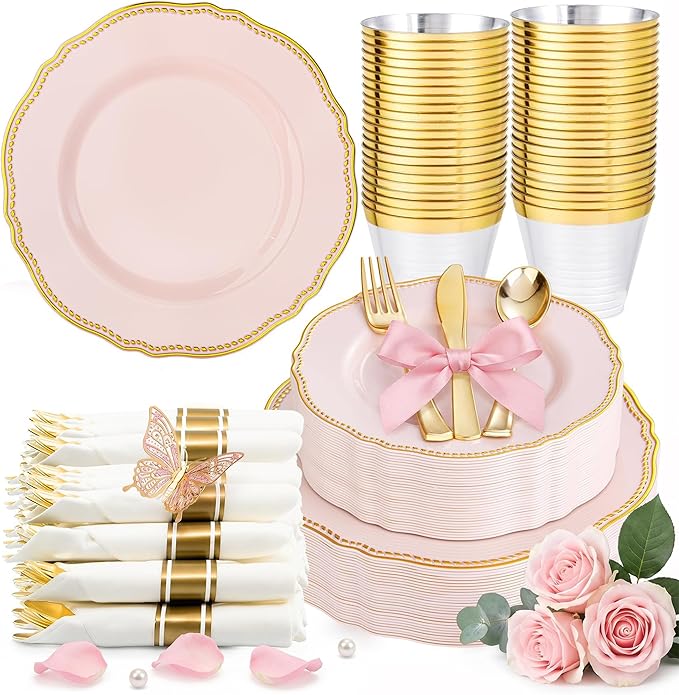 Hioasis 175pcs Pink and Gold Plastic Plates - Pink Plastic Dinnerware Set Includes 25 Dinner Plates, 25 Dessert Dinnerware, 25 Cups, 25 Napkins Perfect for Wedding & Easter & Mother’s Day
