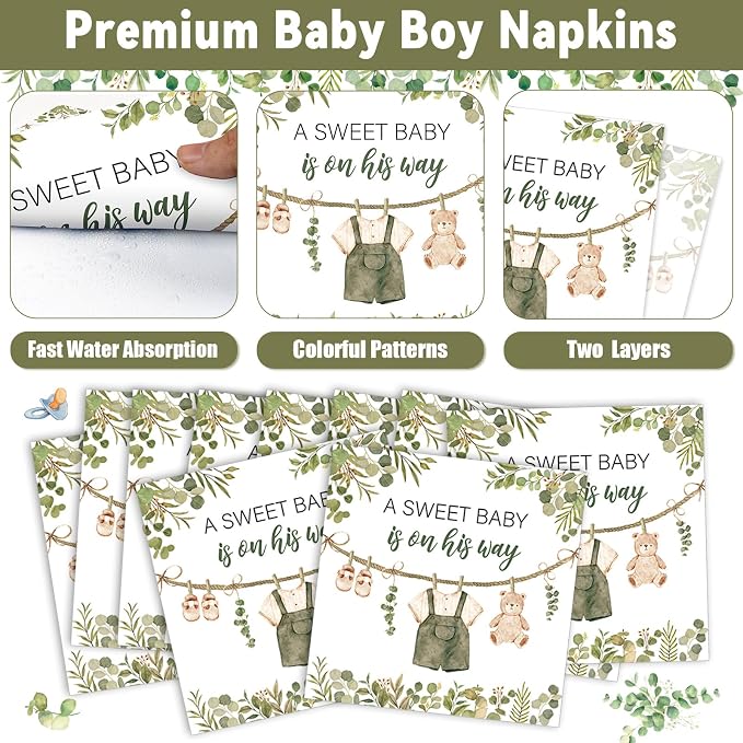 200Pcs Greenery Baby Shower Plates and Napkins Decoration Sage Green Party Tableware Dinnerware Set A Sweet Baby Is On His Way Paper Plates for Baby Gender Reveal Party Supplies Serves 50