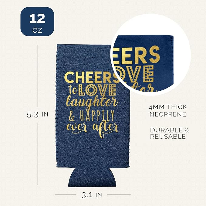Wedding Can Cooler Decorations Set of 12 - Cheers to Love Laughter and Happily Ever After, Wedding Rehearsal Dinner Decorations - Bridal Showers, Engagement Party Favors for Guests and Supplies
