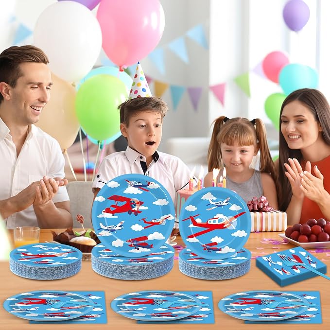 Qyeahkj 50 Guests Airplane Plates and Napkins Party Supplies Plane Party Decorations Disposable Tableware Set Blue Sky Helicopter Paper Cake Dessert Dinnerware Favor for Kids Boys Baby Shower, 200PCS