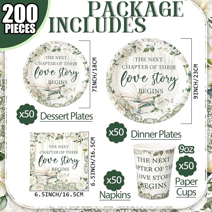 Zhehao 200 Pcs Bridal Shower Party Supplies Engagement Paper Plates Napkins Set for 50 Guests Spring Wedding Party Supplies Wedding Paper Plates with Flower (Next Chapter of Love)