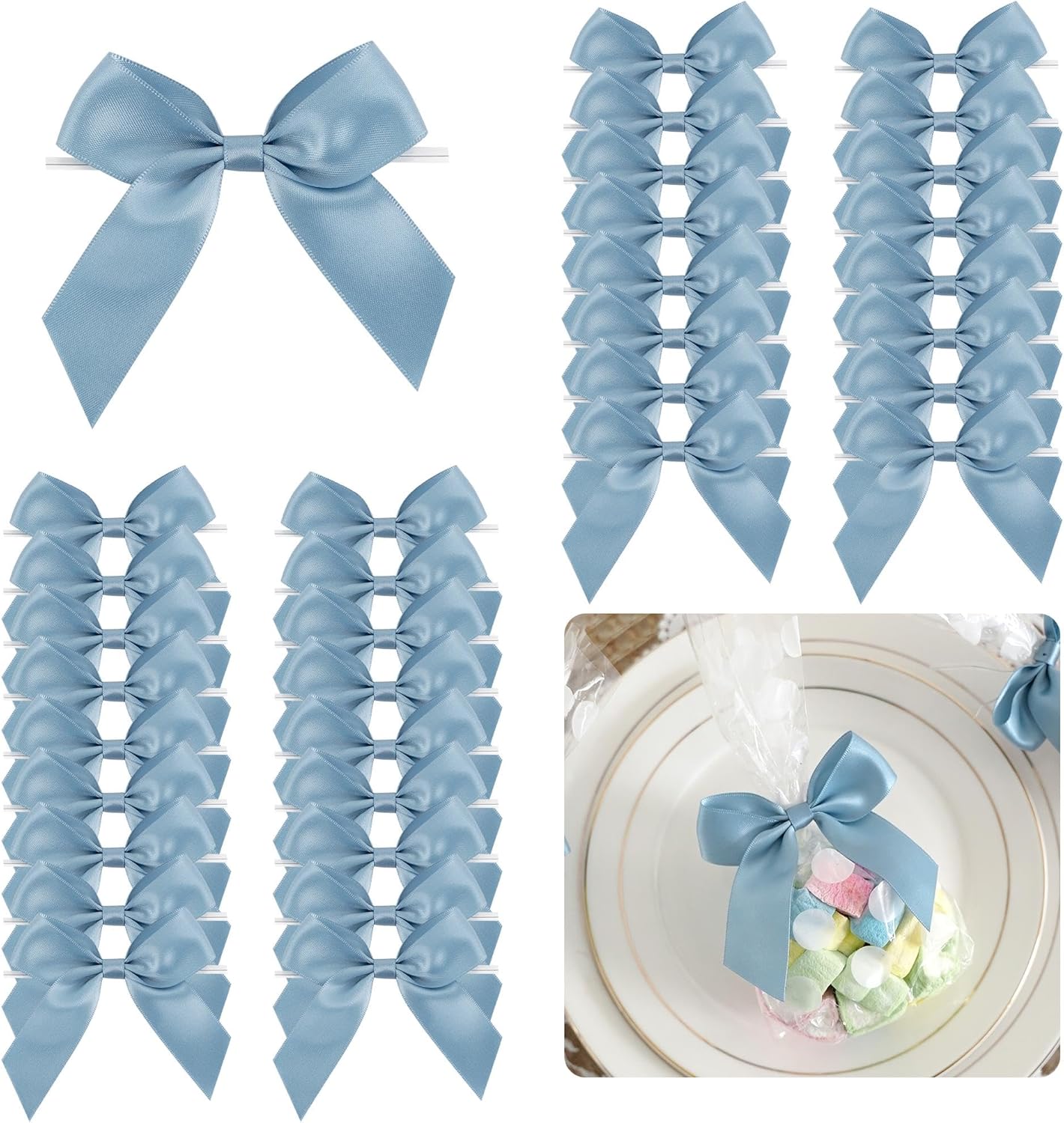 3.5" Dusty Blue Bow Satin Pre-Tied Bows for Gift Wrapping, Small Bows for Crafts, Premade Bows, Candy Apple Bows, Twist Tie Bows for Cake Decorating, Party Favor, Wedding Decoration-36 Counts
