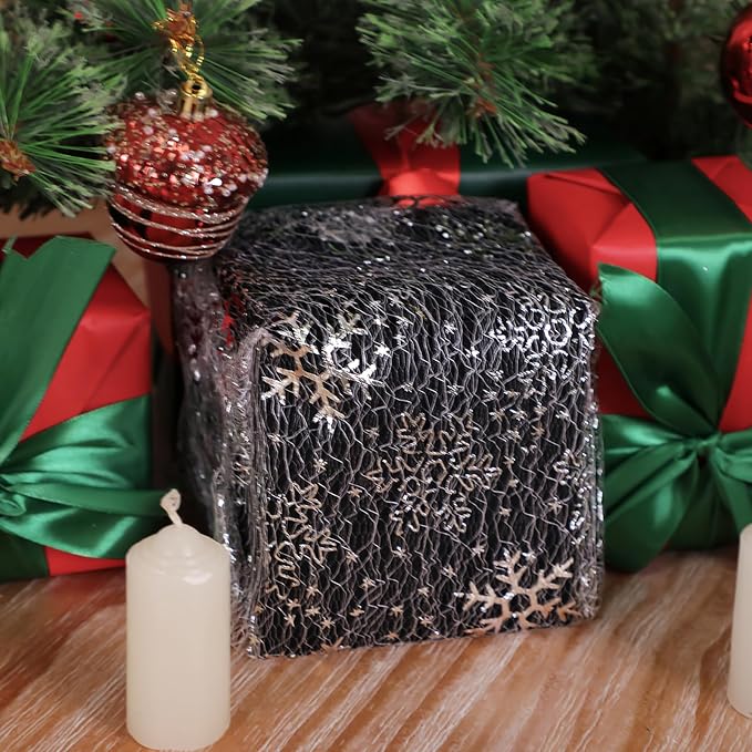 Snowkingdom Christmas Snowflake Silver Table Runner 11 Inch x 49 Feet Sparkly Silver Foil Glitter Metallic Mesh Runners Dining Table Decorations for Seasonal Winter Xmas Festival Holiday Home Party