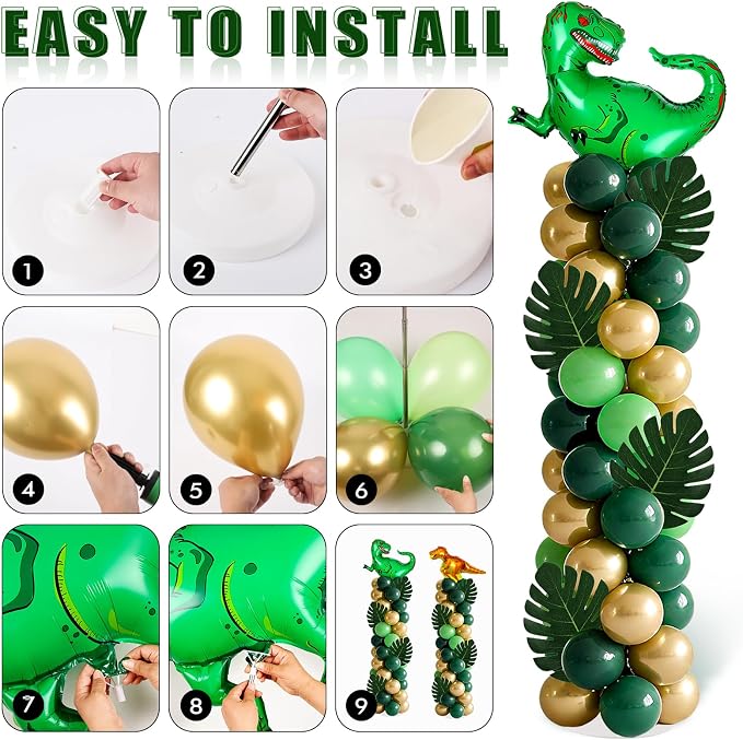 2 Sets Dinosaur Balloon Column Stand Kits Adjustable Green Gold Balloons Column Kit with Monstera Jungle Dinosaur Themed Tower Stand Kit for Dinosaurs Birthday Kids Baby Shower Party Supplies