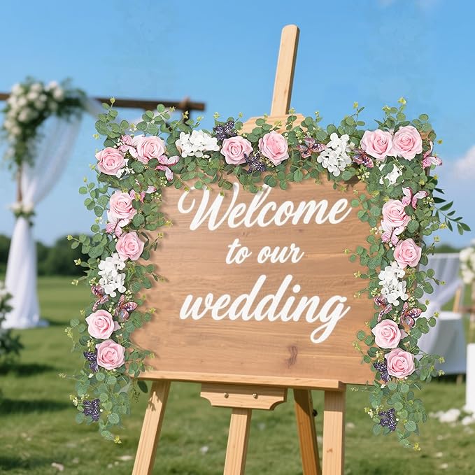 2Pcs 5.9 Ft Artificial Rose Vine Fake Flower Garland Pink Rose Hydrangea Vines with 3D Butterflies Hanging Floral Eucalyptus Garland for Wedding Party Background Arch Table Wall Home Decor