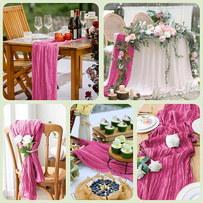 Wokceer Cheesecloth Table Runner 3Pack 10FT Deep Pink Boho Gauze Fall Thanksgiving Cheese Cloth Table Runner for Party Long Rustic Sheer Table Runners for Baby Bridal Shower Wedding Easter Table Decor