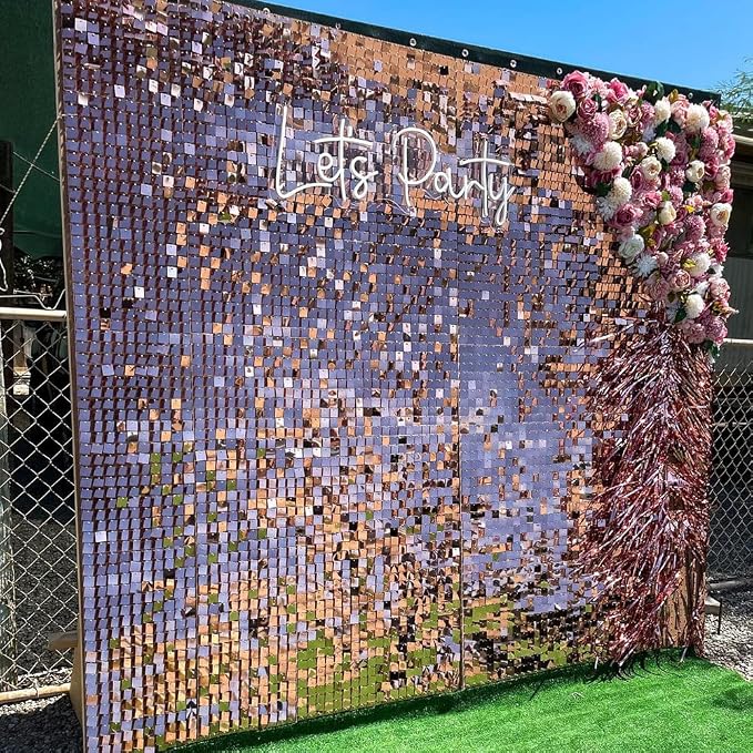 COKAOBE Rose Gold Shimmer Wall Backdrop, 24PCS Square Sequin Shimmer Backdrop Panels, Photo Backdrops for Birthday, Anniversary Wedding Engagement Decoration