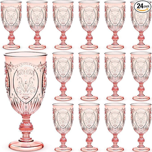 Wiwiqing 24 Pcs Plastic Goblets 7.5oz Vintage Goblet Plastic Wine Glasses Colored Retro Embossed Water Goblets for Wine Bar Juice Baby Shower Wedding Reception Grand Event Party (Pink)