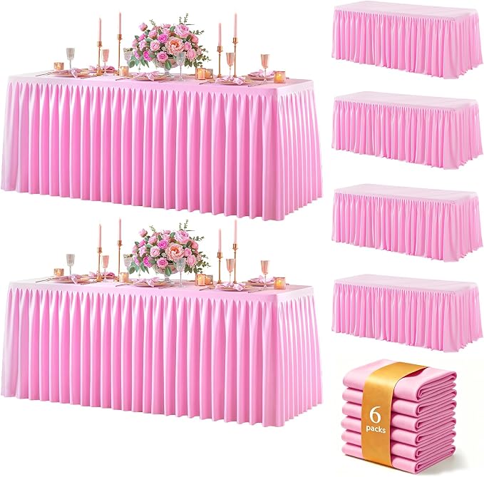 Pink Polyester Table Cloths for Rectangle 8 Foot Tables, 6 Pack Wrinkle Free Tablecloths Stretchy Banquet Ruffle Fitted Table Cover Desk Skirt for Parties Wedding Birthday Baby Shower
