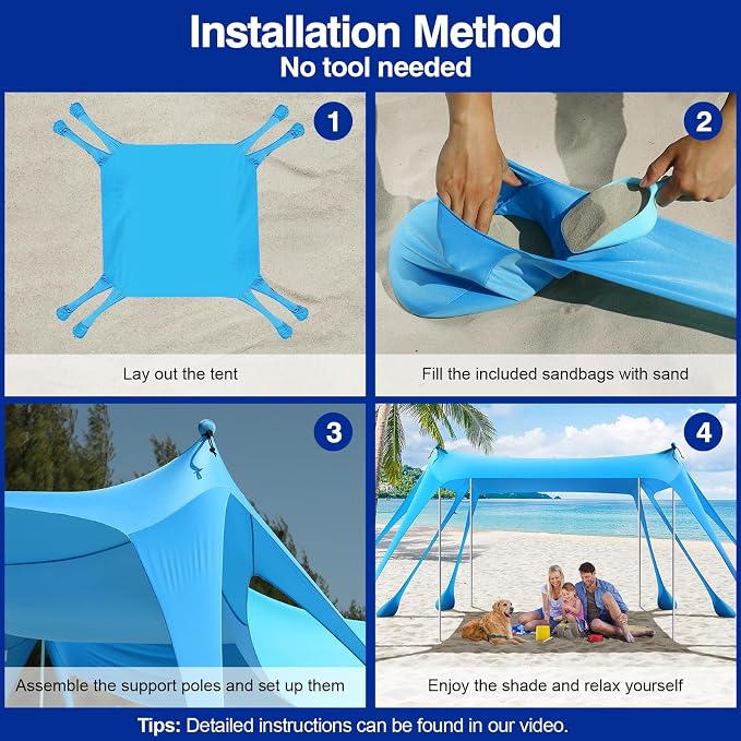 Rhino Valley Beach Tent, 10 x 10 FT Beach Shade UPF50+ Protection, Beach Canopy with 8 Sandbags 4 Stability Poles, Outdoor Beach Tent Sun Shelter Umbrella for Sand,Camping,Fishing Essentials, Sky Blue