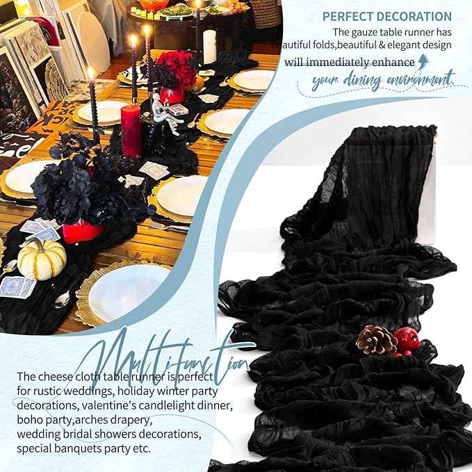 20 Pack Black Cheesecloth Table Runner 10FT Boho Gauze Cheese Cloth Table Runners Romantic Rustic Sheer Table Decorations for Wedding Party Baby Shower Birthday Holiday Home