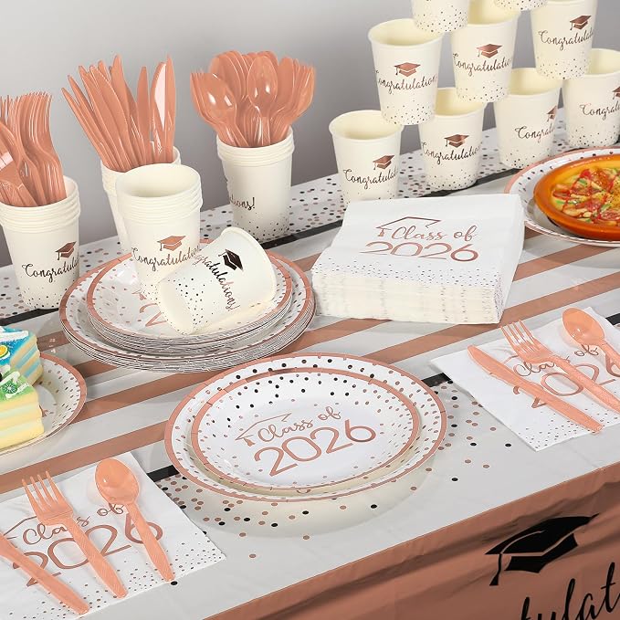 175pcs Class of 2026 Graduation Plates and Napkins Set, Disposable Paper Plate Set Polka Dots Napkin Cups Knife Fork Spoon for Graduation Party Decorations and Supplies,Serve 25(White Rosegold)