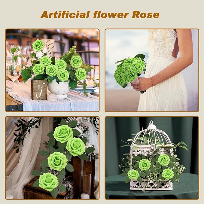 JOYLEX Artificial Flowers Realistic Roses, 25pcs Real Looking Fake Roses with Stem for DIY Wedding Bouquets Centerpieces Bridal Shower Party Home Romantic Decorations (Regular 3" - 25pcs, Green)