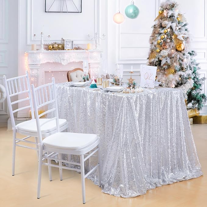 MoKoHouse Tablecloth Rectangle 90x156 Silver Sequin Table Cloth Seamless Glitter Fabric for Home Party Wedding Decor Christmas Decorations
