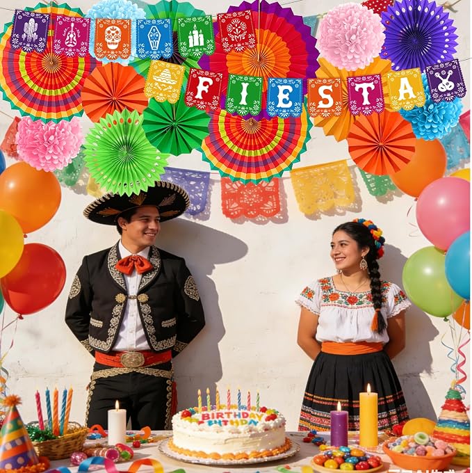 Rakuto Cinco De Mayo Party Decorations, 16PCS Mexican Taco Theme Banners with Paper Fans Birthday Decorations, Fiesta Paper Pom Poms Decor Supplies