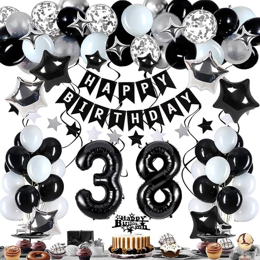 38th Birthday Decorations for Men Women, Black White and Silver Happy 38 Party Decor Set with 38 Number Foil Balloons, Banner, Cake Topper for Him Her