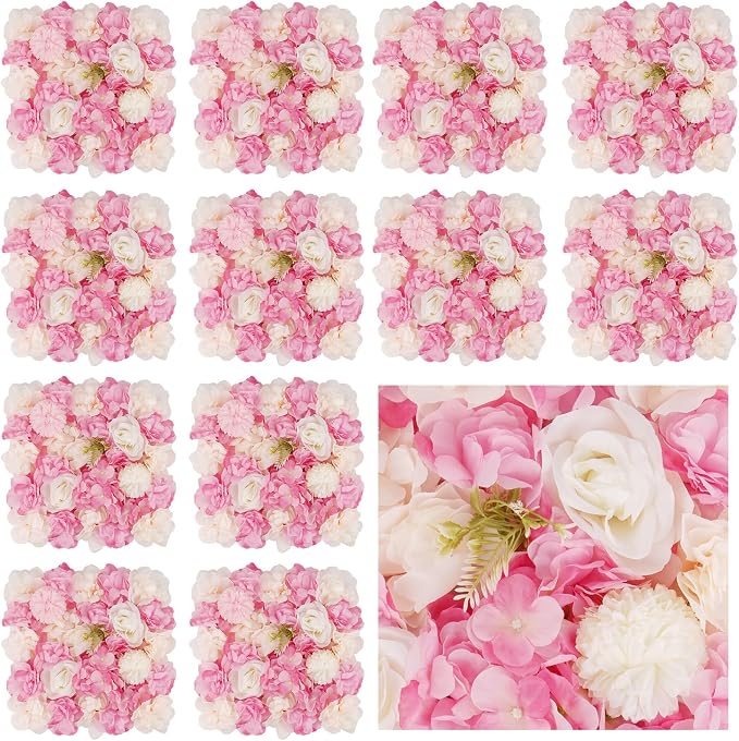 3D Flower Wall Backdrop - 12Pcs 15×15 Inch Artificial Rose Panels Pink & White Silk Floral Decor for Home Party Wedding Anniversary Birthday Photographic Studio Background & Decorative Fences