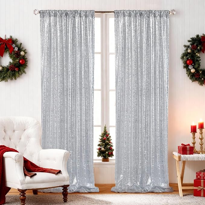 SquarePie 2 PCS 2x8ft Silver Sequin Backdrop Curtains, Satin-Backed Shimmering Photo Booth Background, 2 Panels Narrow Real Sequin Drapes with 4" Rod Pocket for Party, Baby Shower, Doorway Decor
